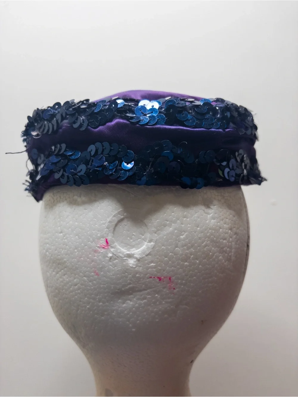 Vintage Purple / Blue Sequin Trim Satin Pill Box Hat